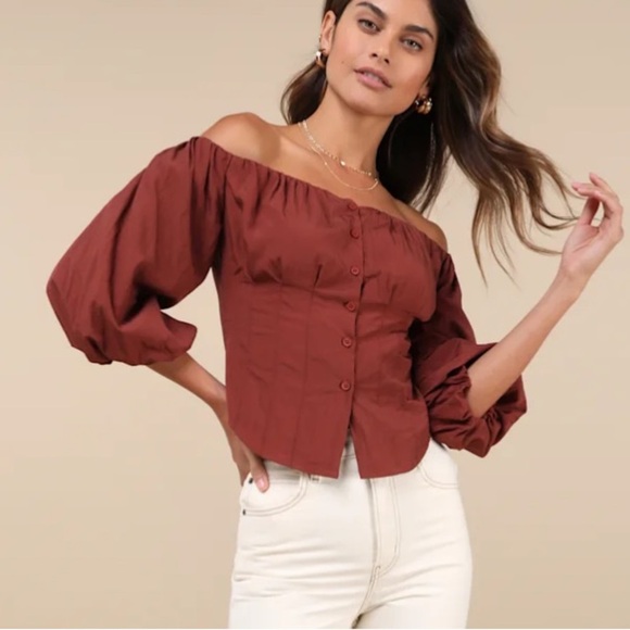 NWT Lulus Delighted Approach Brown Off Shoulder Puff Sleeve Blouse - Picture 5 of 7
